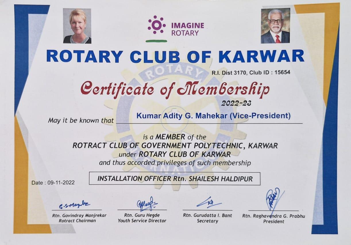 Rotaract Club Karwar Certificate