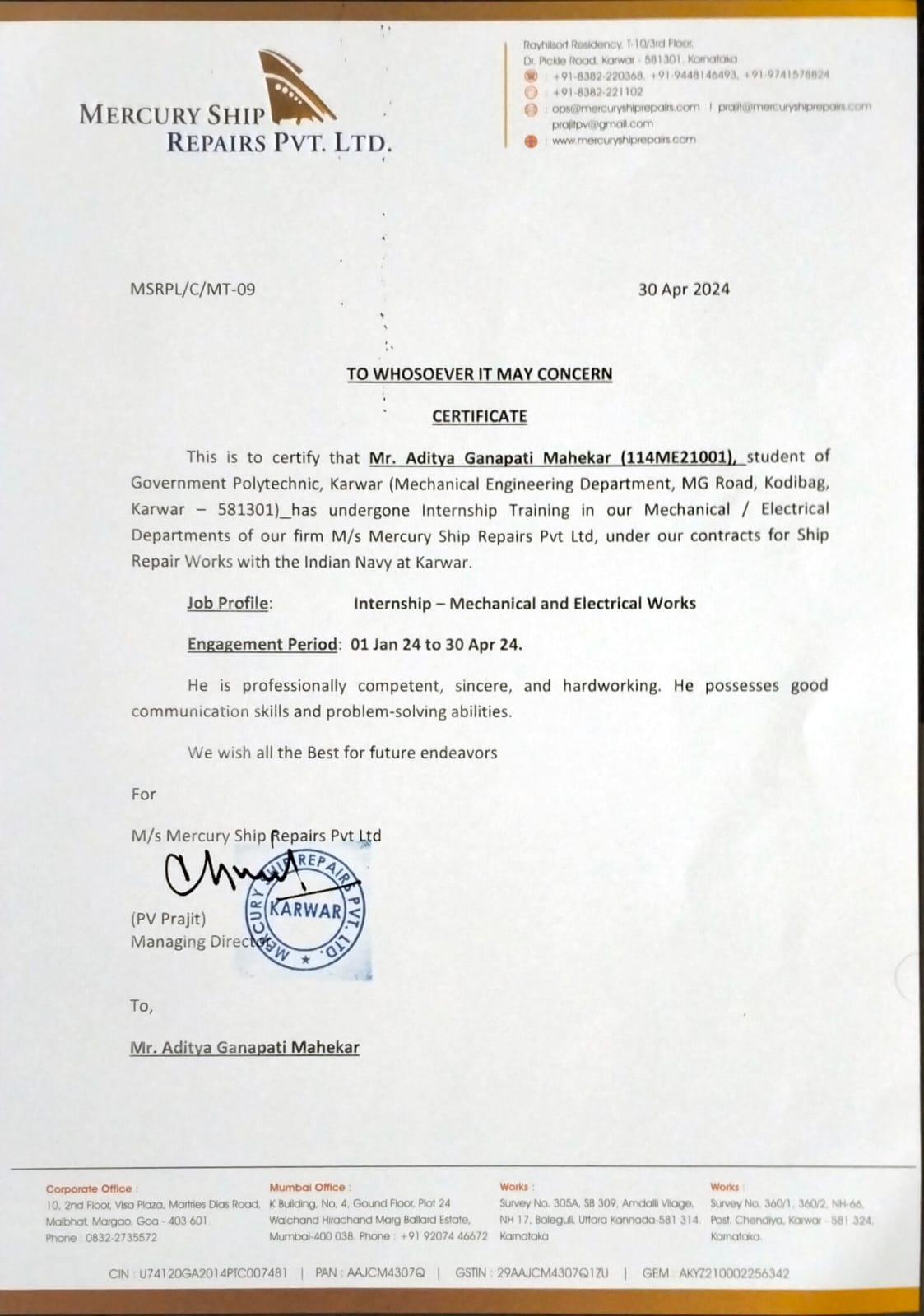 Mercury Ship Repairs Pvt. Ltd. Internship Certificate